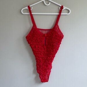VINTAGE CINEMA ETOILE SHEER RED TEDDY BODYSUIT POPCORN THONG LACE TRIM STRAPS